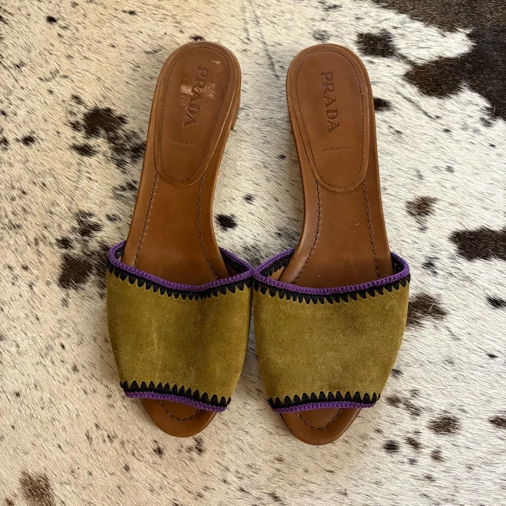 PRADA Green Suede Leather Slides Sandals Size 40 NWOT - Picture 1 of 7